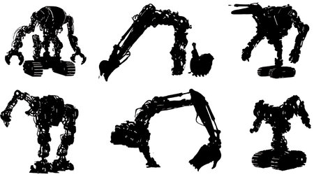 Set of Six Black Solid Demolition Robot Silhouettes isolated on plain white background.のイラスト素材
