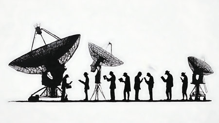 Six Black Solid Radio Astronomer Silhouettes isolated on plain white background.のイラスト素材