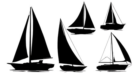 Collection of Six Black Solid Reefed Sails Silhouettes isolated on plain white background.のイラスト素材