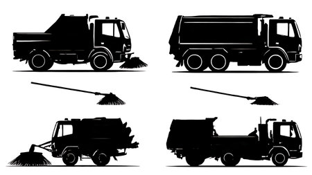 Six Black Solid Road Sweeper Truck isolated on plain white background.のイラスト素材