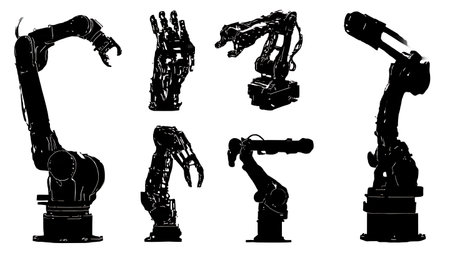 Six Black Solid Robotic Gripper Silhouettes isolated on plain white background.のイラスト素材