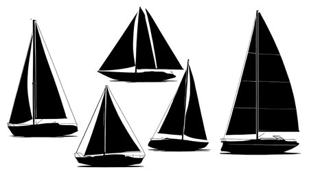 Set of Six Black Solid Sail Type Silhouettes isolated on plain white background.のイラスト素材
