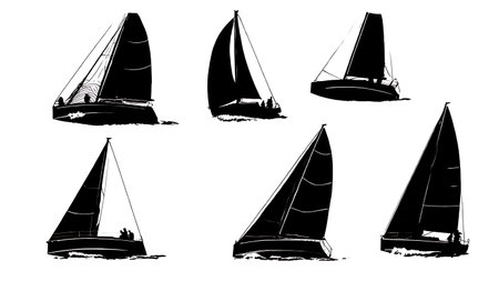 Six Black Solid Sailboat Mark Rounding Silhouettes isolated on plain white background.のイラスト素材