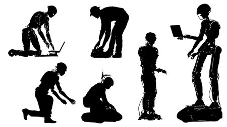 Collection of Six Black Solid Robotics Engineer Building Silhouettes isolated on plain white background.のイラスト素材