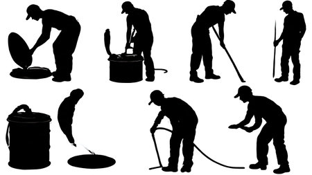 Set of Six Black Solid Septic Technician Silhouettes isolated on plain white background.のイラスト素材