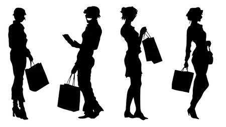 Six Black Solid Satisfied Shopper with Purchase isolated on plain white background.のイラスト素材