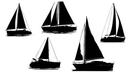 Collection of Six Black Solid Sailboat Bow and Stern Views isolated on plain white background.のイラスト素材