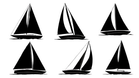 Six Black Solid Sailboat Mark Rounding Silhouettes isolated on plain white background.のイラスト素材