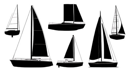 Six Black Solid Sailboat Hull and Keel Silhouettes isolated on plain white background.のイラスト素材