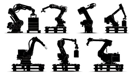 Six Black Solid Robotic Palletizer isolated on plain white background.のイラスト素材
