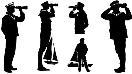 Collection of Six Black Solid Sailor with Binoculars isolated on plain white background.のイラスト素材
