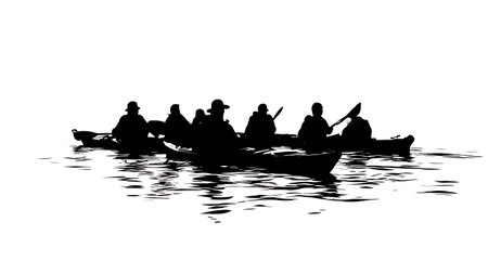 Set of Six Black Solid Kayaking in Fog isolated on plain white background.のイラスト素材