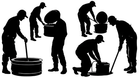 Set of Six Black Solid Septic Technician Silhouettes isolated on plain white background.のイラスト素材