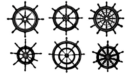 Set of Six Black Solid Ship's Wheel Silhouettes isolated on plain white background.のイラスト素材