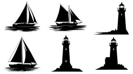 Collection of Six Black Solid Sailboat and Lighthouse isolated on plain white background.のイラスト素材
