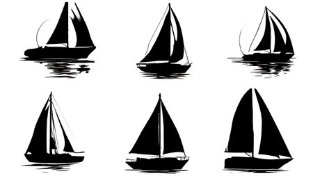 Six Black Solid Sailing into Sunset Silhouettes isolated on plain white background.のイラスト素材