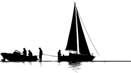 Six Black Solid Sailboat Being Towed isolated on plain white background.のイラスト素材