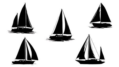 Six Black Solid Sailing into Sunset Silhouettes isolated on plain white background.のイラスト素材