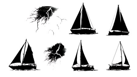 Collection of Six Black Solid Lightning Strike on Sailboat isolated on plain white background.のイラスト素材