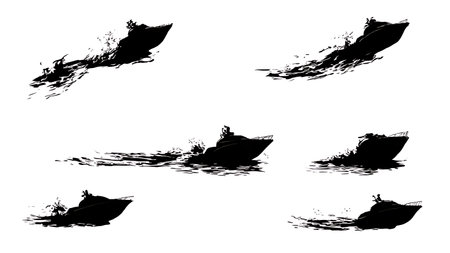 Set of Six Black Solid Sailboat Wake Silhouettes isolated on plain white background.のイラスト素材