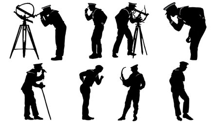 Set of Six Black Solid Sextant Navigation Silhouettes isolated on plain white background.のイラスト素材