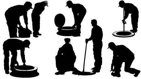 Set of Six Black Solid Septic Technician Silhouettes isolated on plain white background.のイラスト素材