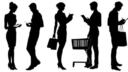 Collection of Six Black Solid Shopper with Paper List isolated on plain white background.のイラスト素材