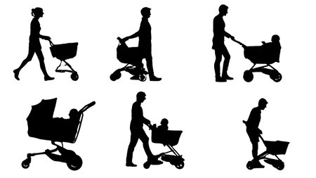 Six Black Solid Shopper with Stroller Silhouettes isolated on plain white background.のイラスト素材