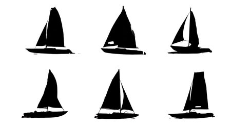 Six Black Solid Small Sailing Kayak Silhouettes isolated on plain white background.のイラスト素材