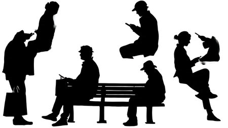 Six Dynamic Black Solid Shopper Using In-Store WiFi isolated on plain white background.のイラスト素材