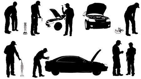 Black Solid Mechanic Replacing Car Spark Plugs Silhouettes isolated on plain white background.のイラスト素材