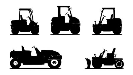 Set of Six Black Solid Small Tandem Roller isolated on plain white background.のイラスト素材