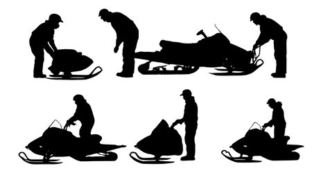 Black Solid Snowmobile Repair and Maintenance Silhouettes isolated on plain white background.のイラスト素材