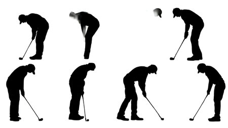 Six Black Solid Golfer Teeing Up a Ball isolated on plain white background.のイラスト素材