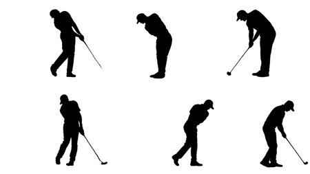 Six Dynamic Black Solid Sidehill Lie Golf Shot isolated on plain white background.のイラスト素材