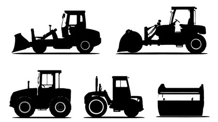 Six Dynamic Black Solid Soil Compactor Silhouettes isolated on plain white background.のイラスト素材