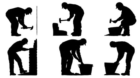 Six Black Solid Stonemason Repairing Wall Silhouettes isolated on plain white background.のイラスト素材