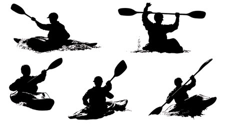 Set of Six Black Solid Triumphant Kayaker isolated on plain white background.のイラスト素材