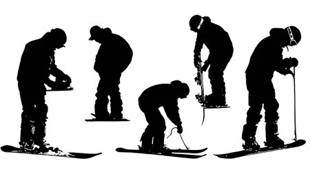 Six Dynamic Black Solid Ski and Snowboard Technician Silhouettes isolated on plain white background.のイラスト素材