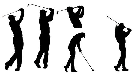 Set of Six Black Solid Tall and Short Golfer isolated on plain white background.のイラスト素材