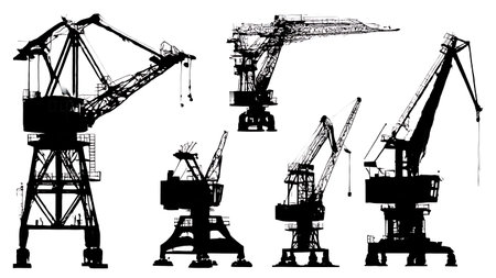 Six Dynamic Black Solid Static Crane Silhouettes isolated on plain white background.のイラスト素材