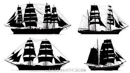 Set of Six Black Solid Tall Ship with Furled Sails isolated on plain white background.のイラスト素材