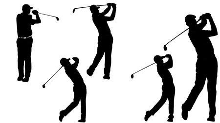 Set of Six Black Solid Tall and Short Golfer isolated on plain white background.のイラスト素材