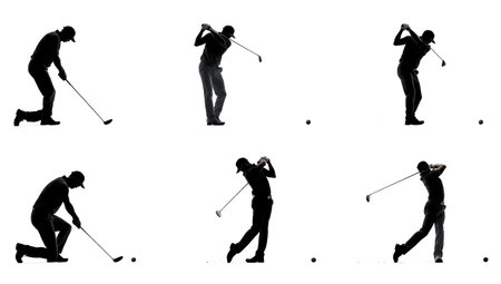 Collection of Six Black Solid Trick Shot Golfer Silhouettes isolated on plain white background.のイラスト素材