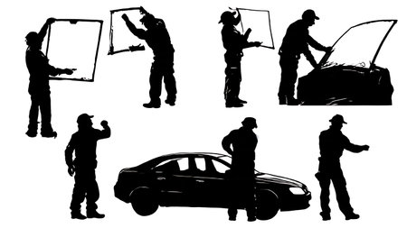 Black Solid Windshield Replacement Mechanic Silhouettes isolated on plain white background.のイラスト素材