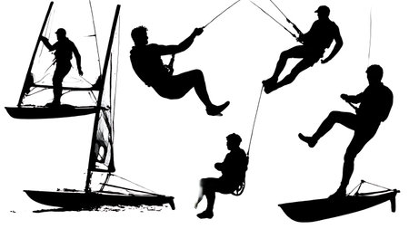 Collection of Six Black Solid Trapeze Sailing Silhouettes isolated on plain white background.のイラスト素材
