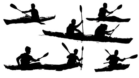 Six Black Solid Tandem Paddlers Out of Sync isolated on plain white background.のイラスト素材