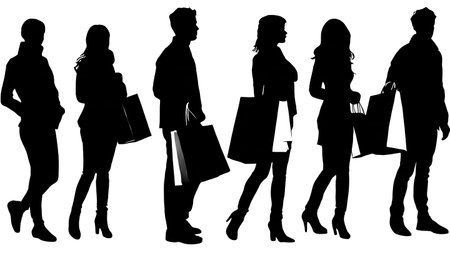 Six Black Solid Shoppers Carrying Shopping Bags on White Background isolated on plain white background.のイラスト素材