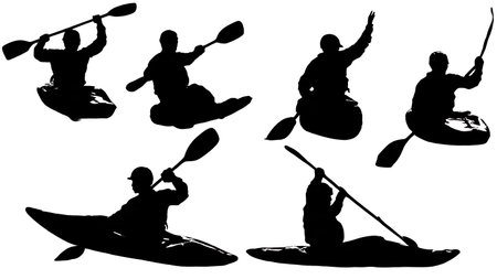 Set of Six Black Solid Triumphant Kayaker isolated on plain white background.のイラスト素材