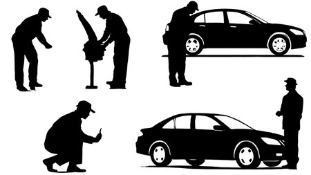 State Vehicle Safety Inspection Mechanic Silhouette Collection isolated on plain white background.のイラスト素材